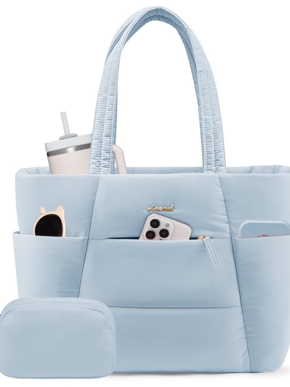Puffer Tote Bag with 40oz Cup Holder Laptop Work Bag for Women